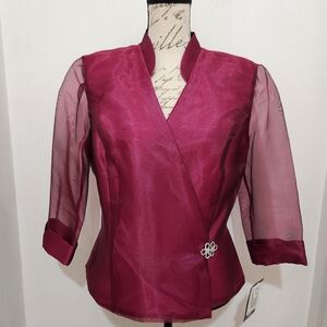 NWT Vintage Sheri Martin Purple Embellished Wrap Blouse W/ Sheer Sleeves. Size12